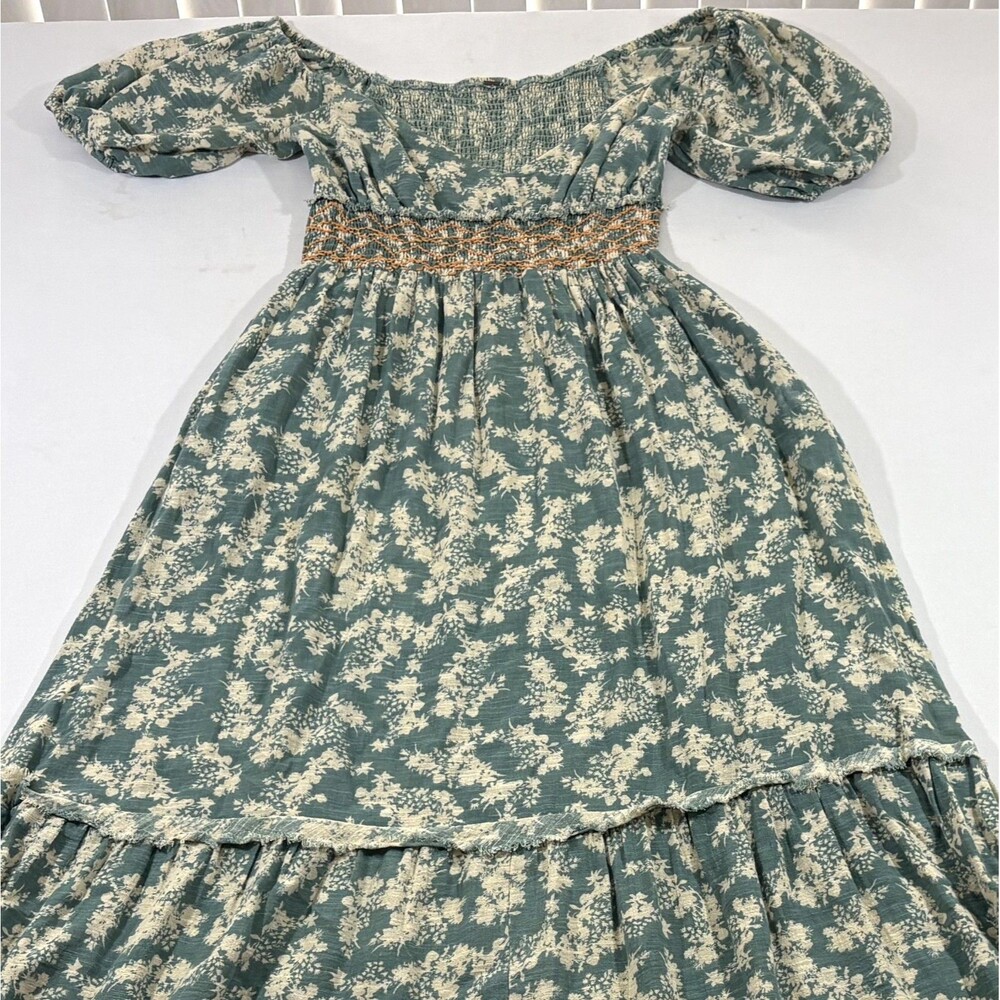 Free People Ellie Boho Green Floral Puff Sleeve Smock Bodice Maxi Dress Sz S - Picture 4 of 15